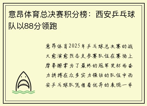 意昂体育总决赛积分榜：西安乒乓球队以88分领跑