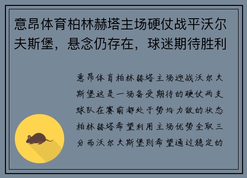 意昂体育柏林赫塔主场硬仗战平沃尔夫斯堡，悬念仍存在，球迷期待胜利